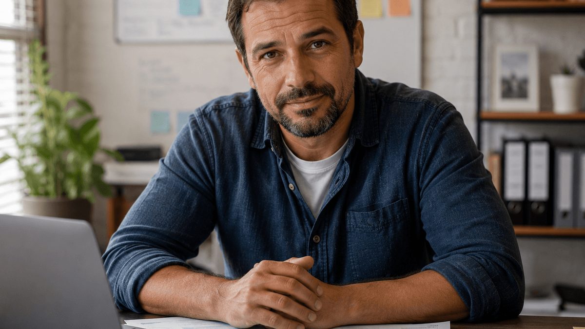 Professional services firm owner reviewing business debt options in a modern office